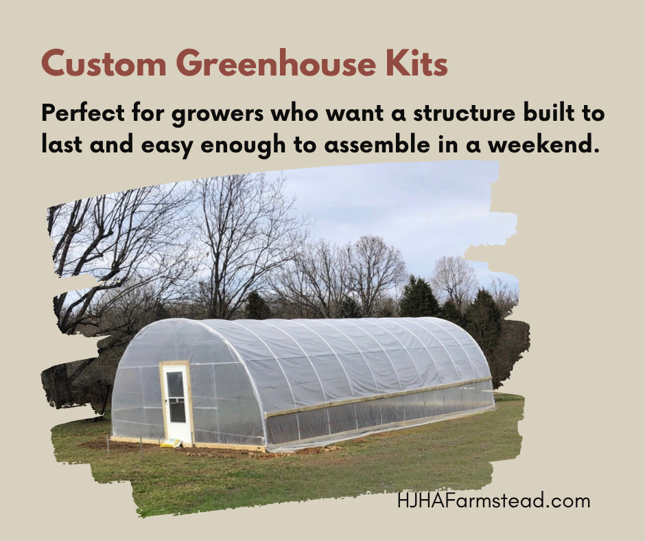 Custom greenhouse kit with text about durability and assembly ease, set against a natural background.