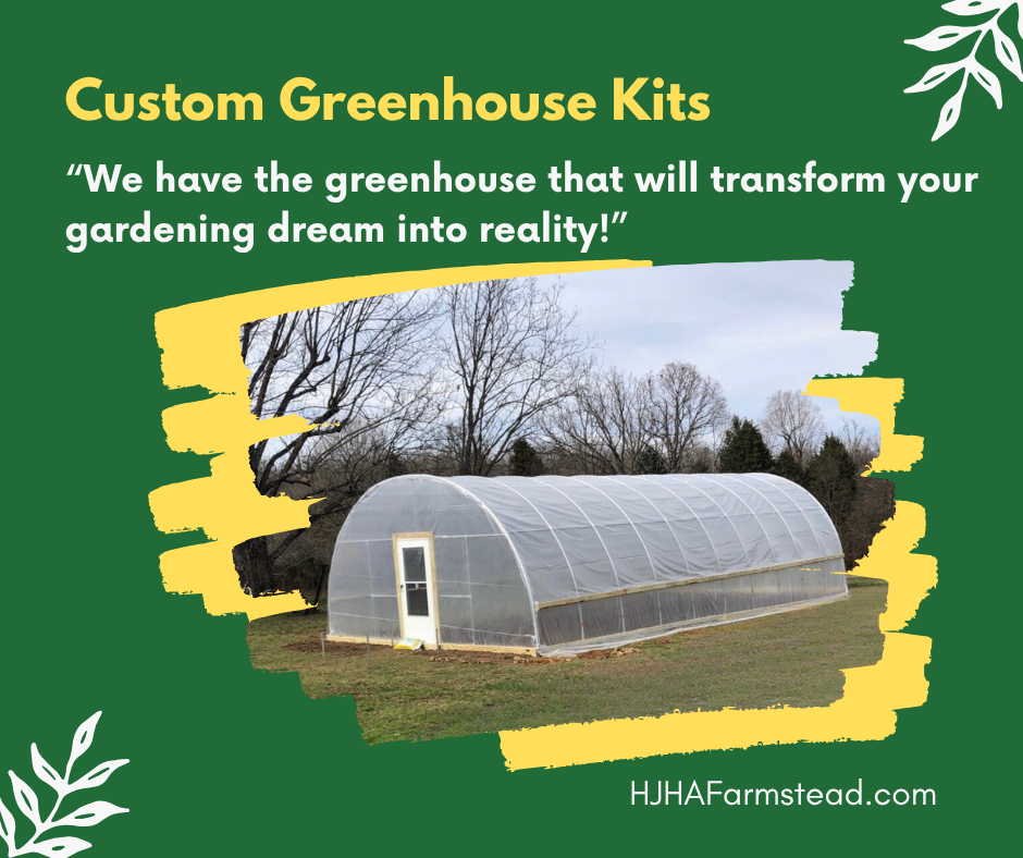 Promotional image of a greenhouse with text about custom greenhouse kits on a green background.