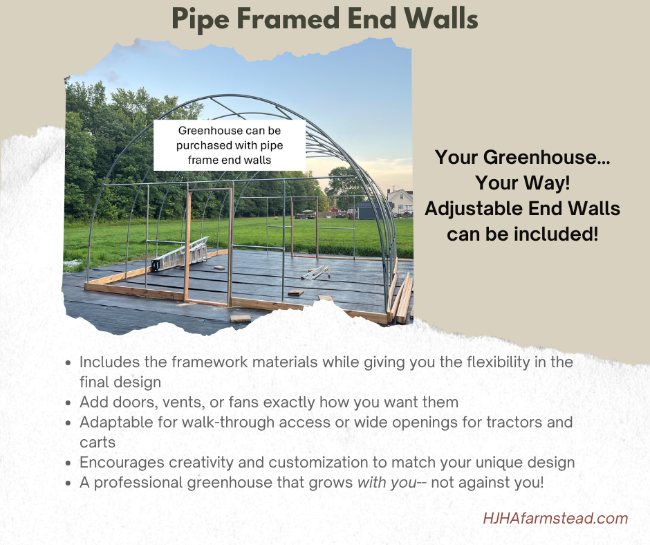 Greenhouse framework with text about adjustable end walls and customization options.