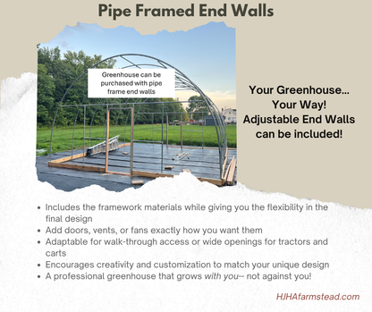 Greenhouse framework with text about adjustable end walls and customization options.