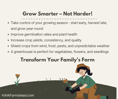 Farmers guide with tips on growing smarter, featuring a cartoon farmer and text about controlling growing seasons and improving plant health.